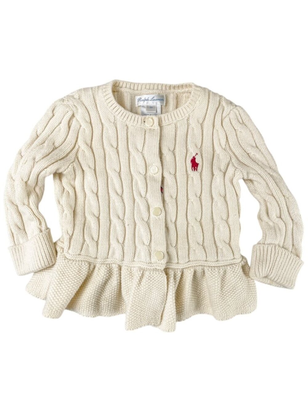 Polo Ralph Lauren Baby Cream Cable-Knit Peplum Cardigan Sweater 9M 100% Cotton